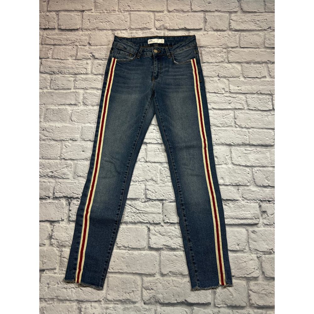 J2401 ZARA Jeans distressed Red white Racing Stripe Sz 4